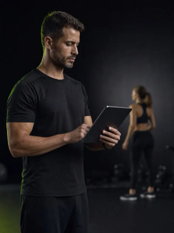 Personal trainer che pianifica le sessioni su tablet